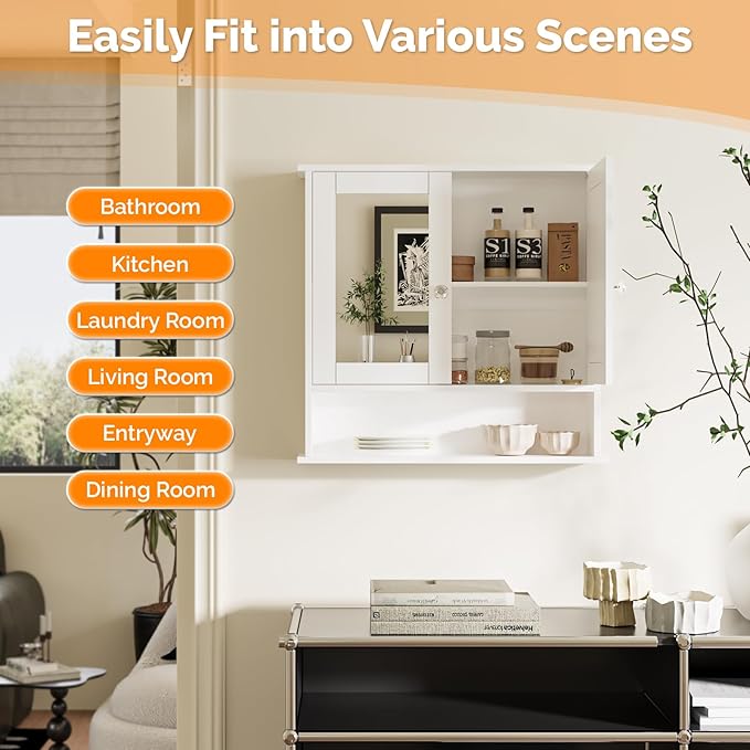 VINGLI Medicine Cabinet with Mirror, Wall Mounted Bathroom Cabinet with Open Shelf, 2-Door White Storage Organizer Over Toilet, Adjustable Shelves for Vanity, Entryway, Kitchen, 22x23 Inch