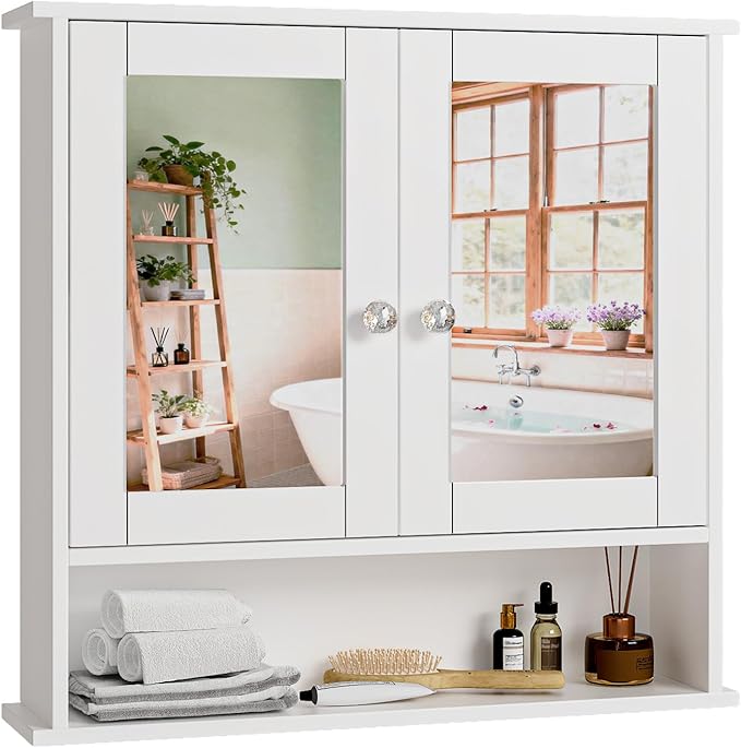 VINGLI Medicine Cabinet with Mirror, Wall Mounted Bathroom Cabinet with Open Shelf, 2-Door White Storage Organizer Over Toilet, Adjustable Shelves for Vanity, Entryway, Kitchen, 22x23 Inch