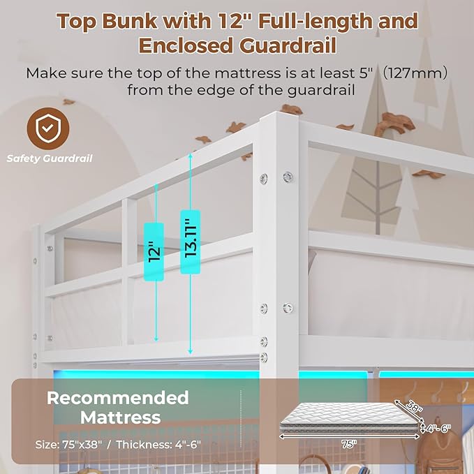 DICTAC Twin Loft Bed with L-Shaped Desk, Storage Shelves and Charging Station Twin Size Metal Loft Bed with LED Lights and Coat Rack with 2 Storage Drawers,Top Bunk with Safety Guard & Stair, White