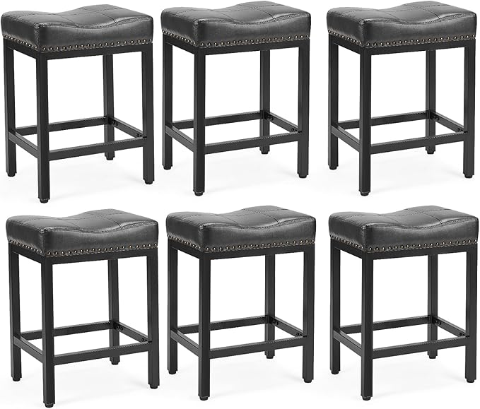 Sweetcrispy 24 inch Bar Stools Set of 6, Upholstered Modern Counter Height Bar Stools for Kitchen Island Modern PU Leather Sadless Stools Chair with Metal Base and Footrest,Black