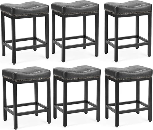 Sweetcrispy 24 inch Bar Stools Set of 6, Upholstered Modern Counter Height Bar Stools for Kitchen Island Modern PU Leather Sadless Stools Chair with Metal Base and Footrest,Black