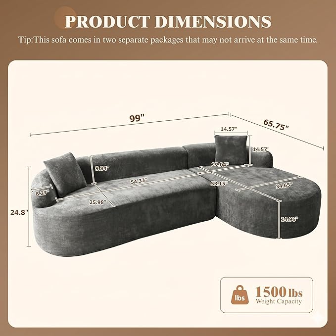 99" Curved Sectional Sofa with Chaise, Modern Boneless Couch with Deep Seat, L Shaped 3-Seater Cloud Couch for Living Room, No Assembly Needed, Chenille (Gray, Right Chaise+Left Sofa)