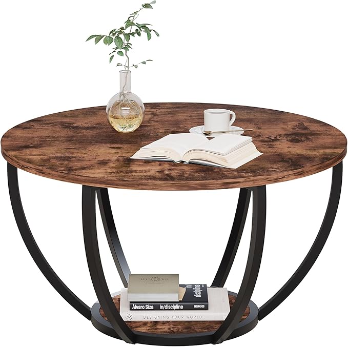 HOMERECOMMEND 28" Round Coffee Table with Storage,2-Tier Wood Accent Center Table for Living Room,Sofa Table for Home Office, Brown