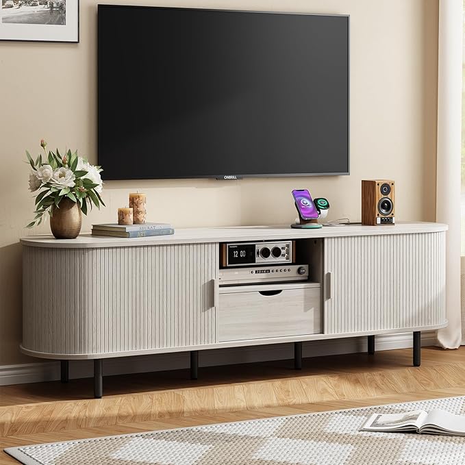 ONBRILL 69" TV Stand with Power Outlet for TVs up to 80", Entertainment Center with Storage and Drawer, TV Console with Adjustable Shelves and Sliding Door, TV Stand for Living Room, Natural White