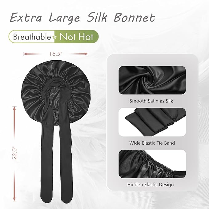 BONNET QUEEN 睡眠用シルクボンネット サテンボンネット ヘアボンネット 大きめボンネット 髪用ラップ タイバンド付きスリープキャップ 女性用 カーリーヘア 三つ編み ドレッドロックス 黒