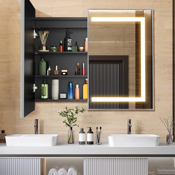 APRILSOUL 40x32 Inch Lighted Bathroom Medicine Cabinet with Mirror, Silver Recessed or Surface Mount Medicine Cabinet Mirror with Storage and LED Lights, 3 Colors Temperature, Dimmable Light
