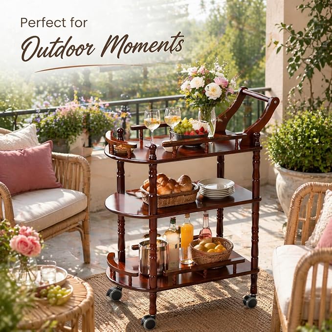 Entertainment Kitchen Cart, Midcentury Modern Imported rubberwood Brown Finished Wood 3-Tier Mobile Bar Cart Serving Cart