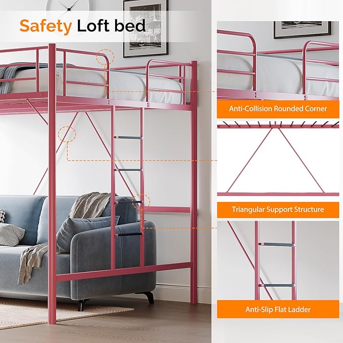 VINGLI Queen Loft Bed with Flat Rungs for Adults, Kids and Young Teens, No Box Spring Required,Heavy Duty Metal Slat Support, Pink