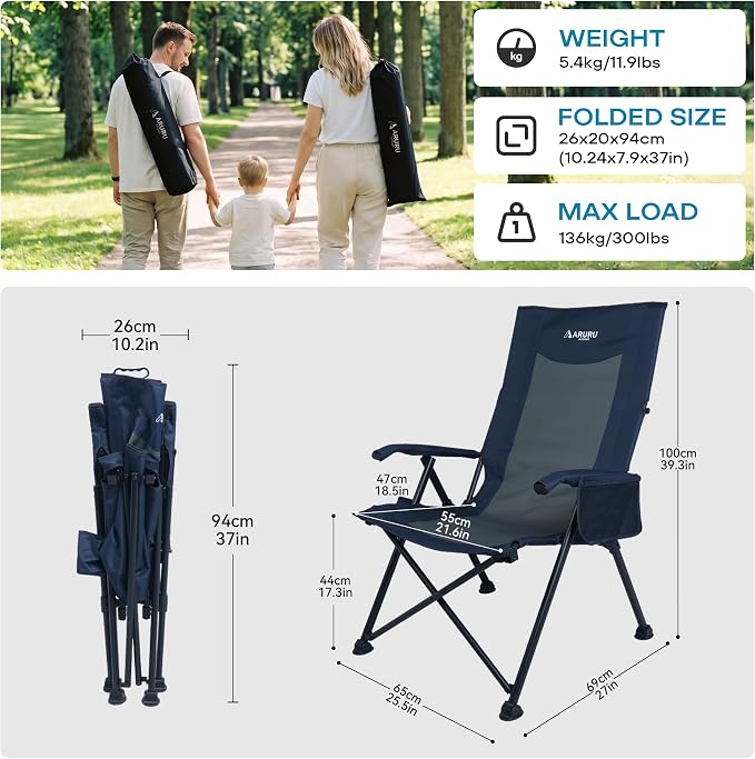 Reclining Camping Chair for Adults Heavy Duty 2 Pack, Folding Recliner Lawn Chairs with 6-Positions Adjustable High Back, Portable Patio Lounge Chairs for Outdoor Poolside Sports Beach
