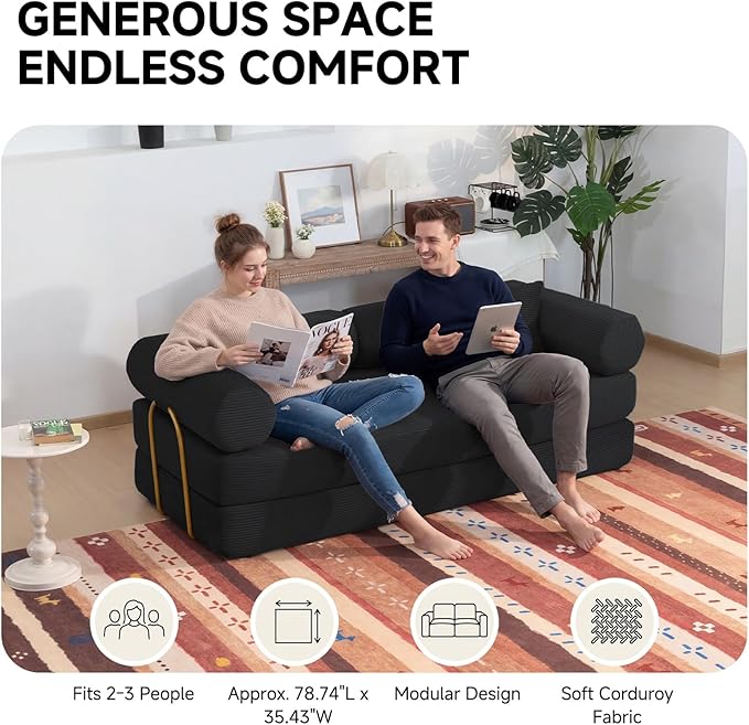 79" Boneless Couches for Living Room, Corduroy Sofa Bed with 2 Pillows,Side Pockets,Hex Arm, 5-in-1 Loveseat Sleeper Sofa for Small Spaces, High-Density Foam Couch, No Assembly, Black