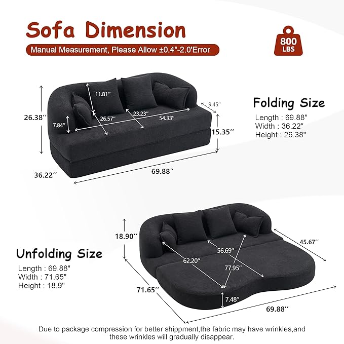 70" Convertible Sofa Bed, 2-in-1 Boneless Sleeper Sofa, Soft Chenille Folding Sofa Loveseat with 4 Pillows, Love Seat Small Couch for Small Spaces, Living Room, Bedroom, No Assembly