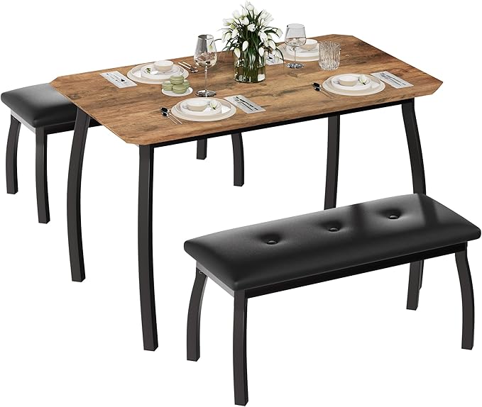 Dining Table for 4, 3-Piece Kitchen Table Set for 4 with Wooden Tabletop and Metal Frame, Industrial Kitchen Table with 2 PU Leather Benches for Bar, Dining Room, Restaurant(43''x28''x30''), Retro