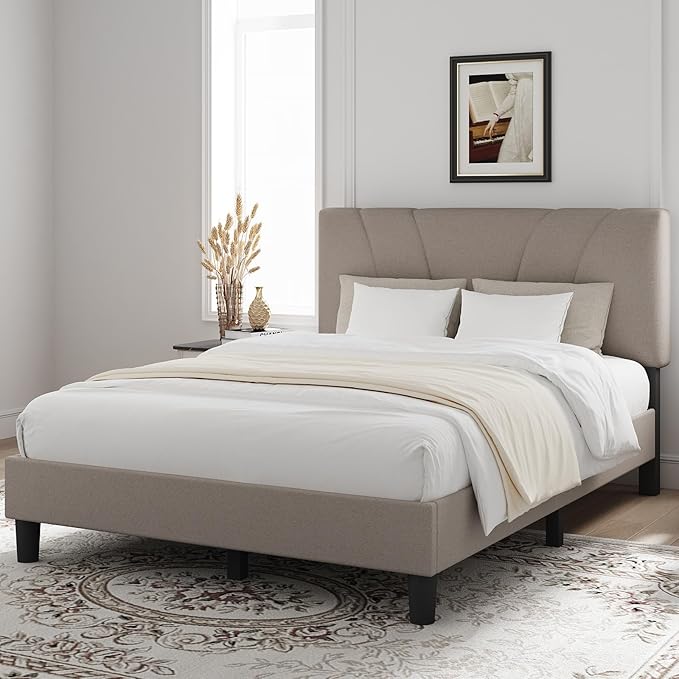 Novilla Queen Bed Frame with Headboard, Bed Frame Queen Size with Wood Slats Support,Linen Upholstered Adjustable Headboard, No Box Spring Needed, Heavy Duty Feet, Easy Assembly, Beige