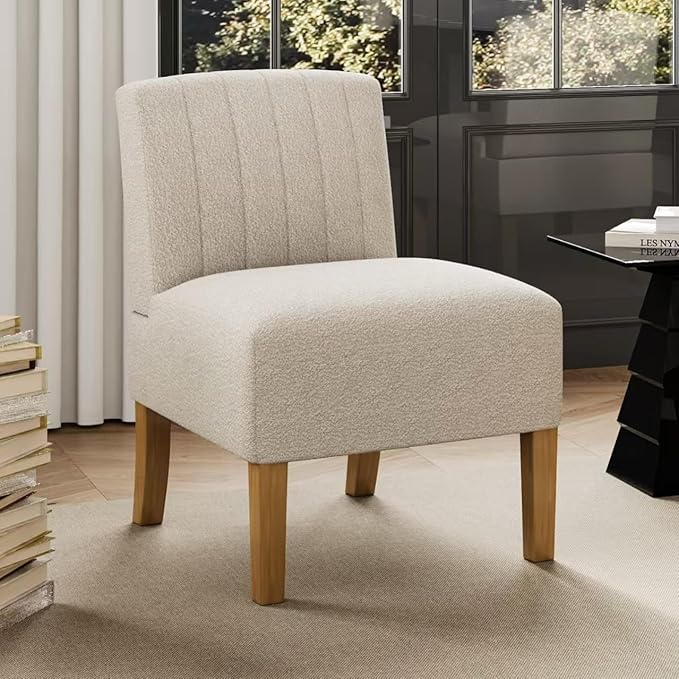 Armless Accent Chair for Bedroom, Modern Slipper Vanity Chair with Solid Wood Legs, Comfy Upholstered Bedroom Chair, Guest & Reading Chair - Beige