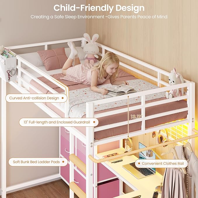 DICTAC Twin Size Loft Bed with L-Shaped Desk and 7 Storage Drawers,Metal Twin Loft Bed for Kids with LED Lights & Charging Station,Girls loft beds with 13.11" H Safety Guardrail and Stair,White+Pink