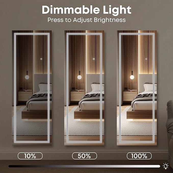 Kosmonia 63x24 Frameless Full Length Mirror, Dimmable 3 Color LED Light w/Memory Function, Distortion Free, HD Reflection & Anti Desilvering, Tempered Glass, Easy Setup w/Stand, Wall/Standing