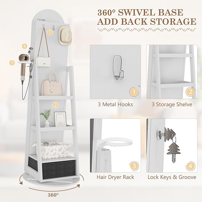 LVSOMT 64" H Arched LED Mirror Jewelry Cabinet Standing, 360° Swivel Full-Length Mirror with Storage, Lockable Jewelry Organizer with Inner Makeup Shelf, Gift for Women, White