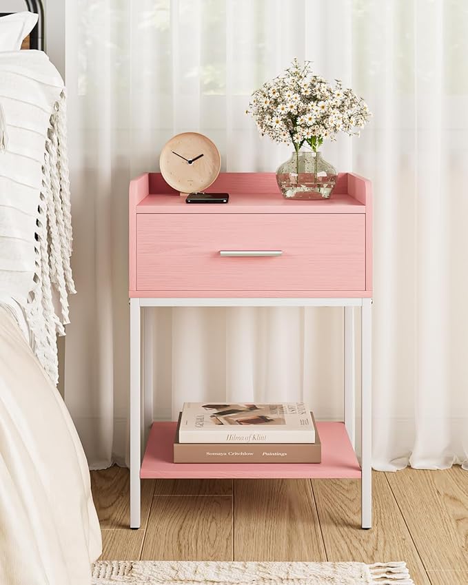 Nightstand,Modern Bedside Table Night Stand with Storage Drawer and Open Shelf,Small End Side Table for Bedroom,Living Room,Pink
