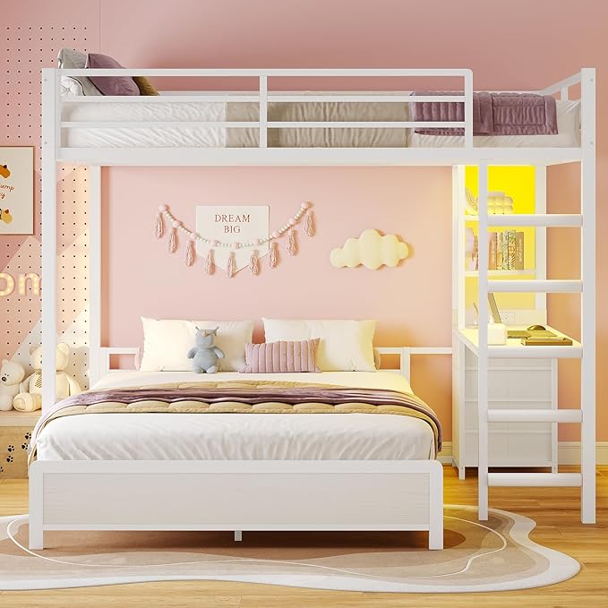 ADORNEVE Twin Over Full Bunk Bed with Desk, Bunk Beds Twin Over Full Size with Charging Station & Led Lights, Storage Drawers & Shelves, Loft Bed with Safety Guardrail & Ladder for Kids/Teens, White