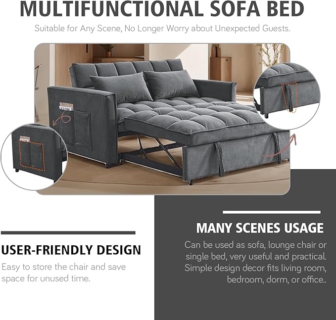 3 in 1 Convertible Sleeper Sofa Bed, 54'' Full Size Velvet Pull Out Futon Couch Recliner with Reclining Backrest & 2 Pillows, Small Loveseat Lounge Couches for Small Spaces (Medium Grey)