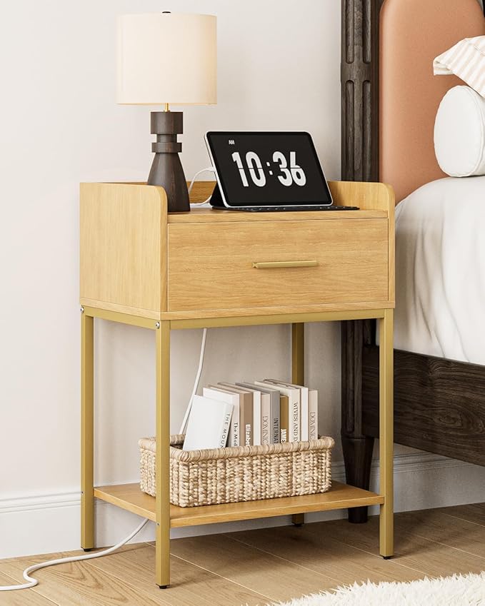 Nightstand with Charging Station, Modern Bedside Table with Drawer and Legs,Oak and Gold Night Stand with Open Shelf, Narrow Side Table for Bedroom, Living Room