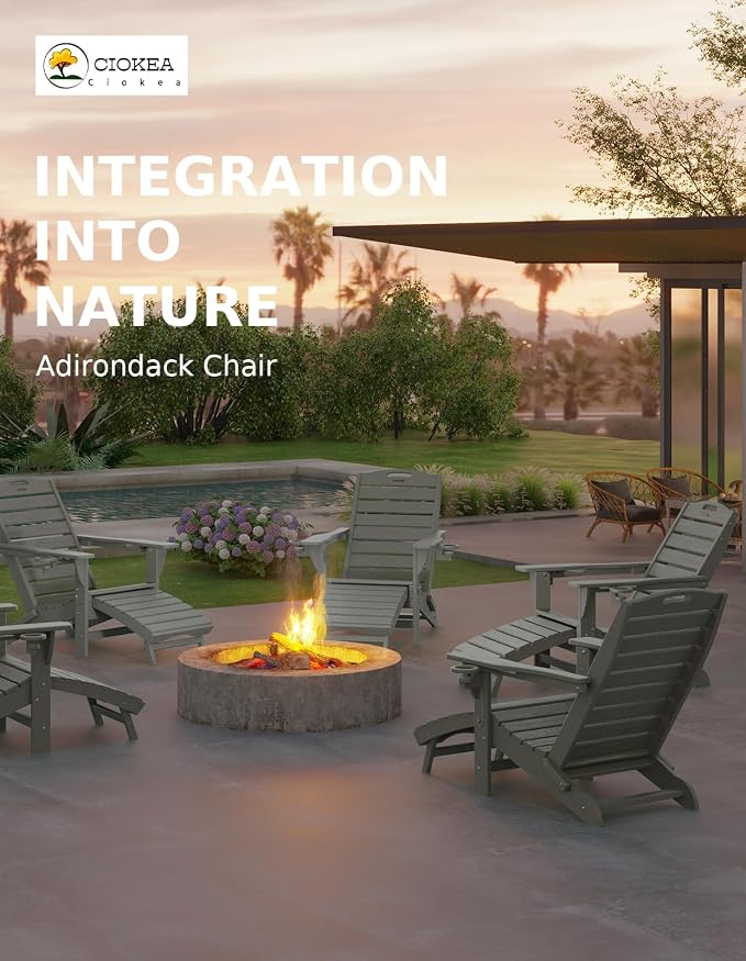 Ciokea Folding Adirondack Chair Set of 4 with Retractable Ottoman Fire Pit Patio Chair with Pull Out Foot Rest Weather Resistant Lawn Outdoor Chair with 2 Cup Holder (Grey)