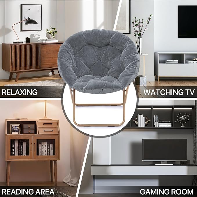 MoNiBloom Round Folding Faux Fur Saucer Chair for Bedroom Living Room Dorm Foldable Metal Frame Oversized Large Comfy Furry Padded Soft Cozy Moon Chair with Footrest Ottoman for Adults (Gray)