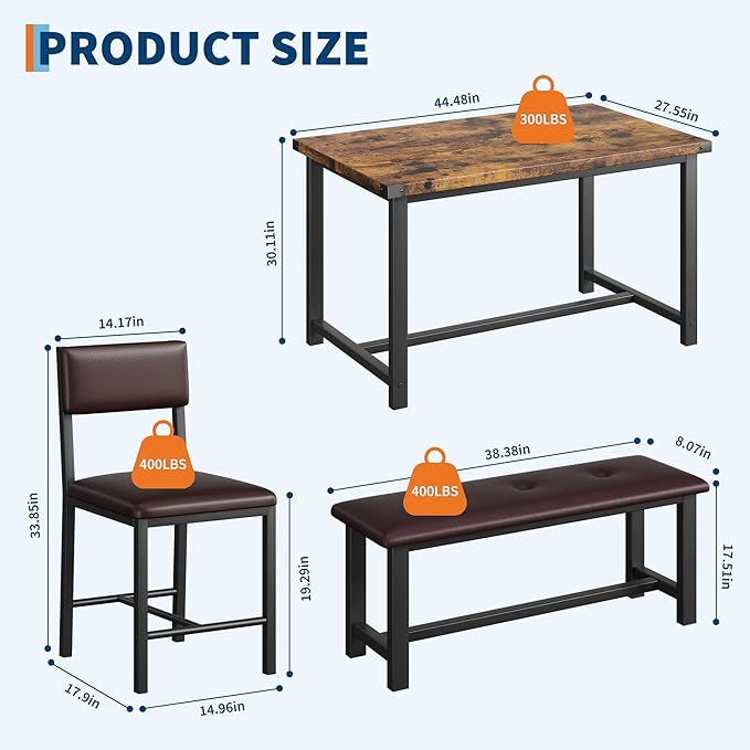 GarveeHome Dining Table Set for 4, Kitchen Table with 2 Upholstered Chairs and Bench, Wood Kitchen Dining Room Set, for Small Space, Apartment, Home, Kitchen, Retro Brown