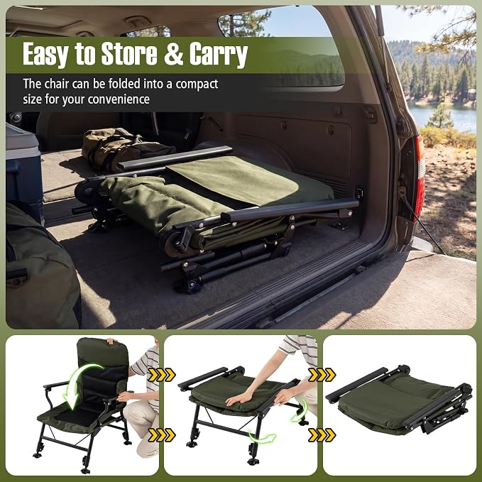 GYMAX Foldable Fishing Chair, Heavy Duty All-Terrain Camping Chair, 180° Adjustable Padded High-Back, Portable Recliner for Outdoor Patio Beach (No Footrest)