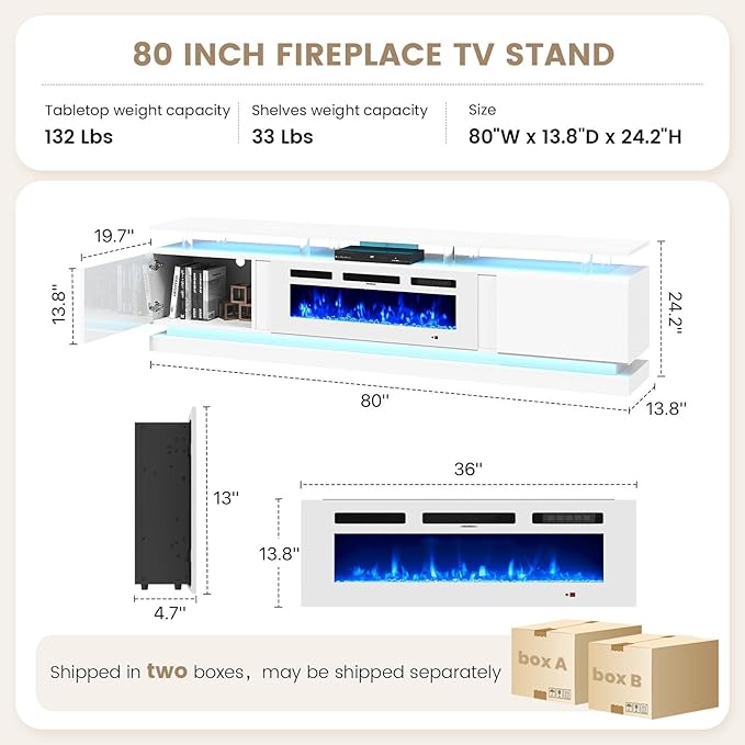 70 Inch Fireplace TV Stand, Modern Entertainment Center for TVs Up to 80”, TV Console with Storage Cabinets, Media Console for Living Room, White TV Stand and White Fireplace