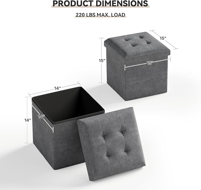 Storage Ottoman Bench, 15 Inch Ottoman Foot Rest, End of Bed Bench, Storage Chest for Living Room, Bedroom, Entryway, Gray