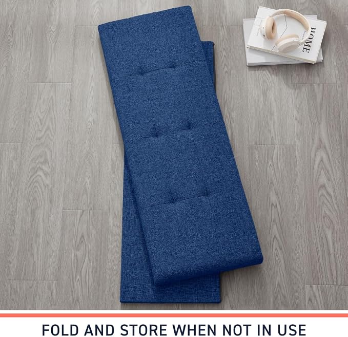 Ornavo Home Folding Storage Ottoman, 43 Inch Extra Large Storage Bench with Lid, Foot Rest Stool for Bedroom, Living Room, Entryway, Tufted Linen Upholstered - Navy Blue
