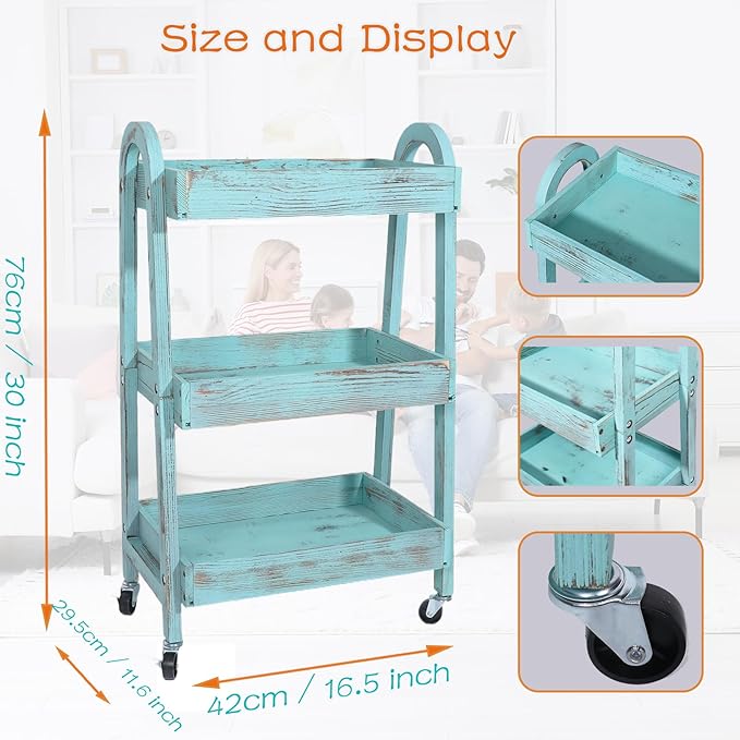 3-Tier Wooden Rolling Cart- Wooden Utility Cart wit Wheels- Utility Rolling Cart-Storage Trolley Organizer- Rolling Kitchen Serving Cart for Office,Kitchen, Kids' Room (Retro Blue)