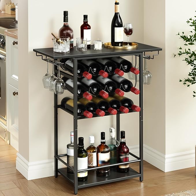 HOOBRO 5-Tier Wine Rack with Glass Holder, Wine Storage Freestanding Floor, Versatile Corner Liquor Cabinet, Alcohol Bottle Display Shelf for Home Bar, Kitchen, Living Room, Black BB68JJ01