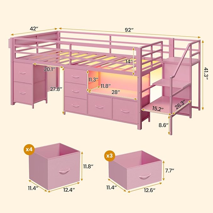 ADORNEVE Low Loft Bed Twin Size with Stairs,7 Drawers, Bookcase and LED Lights, Metal Kids Loft Bed with 14" H Safety Guardrail,Inclined Ladder and Play Curtain, Under-Bed Play Space, Pink