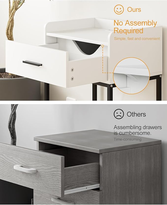 Nightstand with Charging Station, Modern Bedside Table with Drawer and Legs,White and Black Night Stand with Open Shelf, Narrow Side Table for Bedroom, Living Room