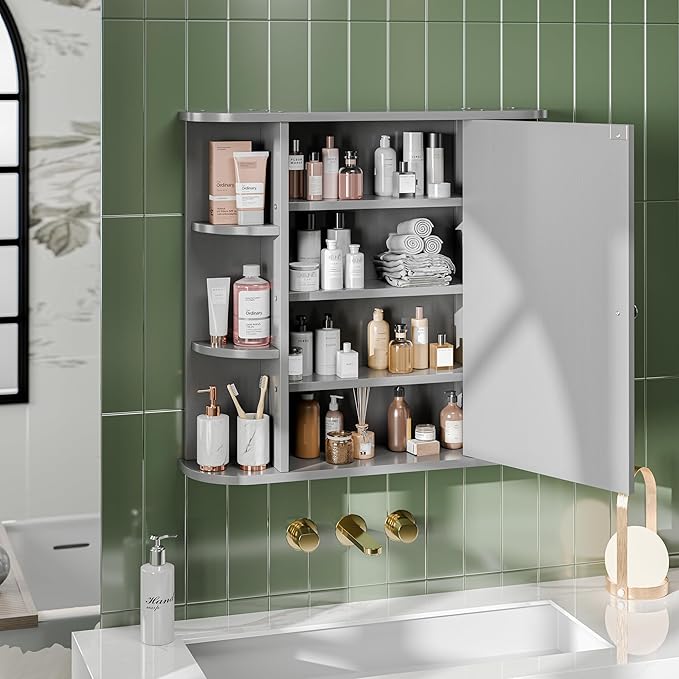 Bathroom Mirror Cabinet Wall Mounted, Medicine Cabinet with Mirror and 6 Open Shelves, Modern Bathroom Wall Cabinets Medicine Cabinets, Grey