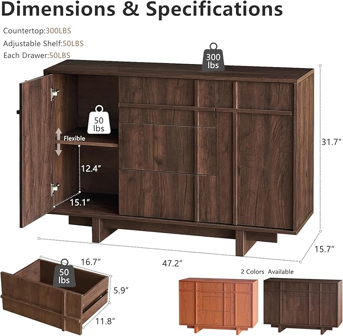 Sideboard Buffet Cabinet with Storage, 47.2" Large Sideboard with 2 Doors& 3 Drawers, Mid Century Modern Credenza with Skeleton line&Wood Grain for Living Room, Kitchen and Entryway, Walnut