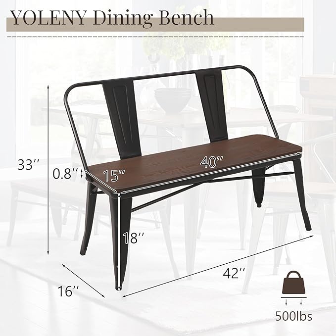 YOLENY Dining Bench, Entryway Bench with Back, Farmhouse Metal Dining Bench, Industrial Mid-Century 3 Person Rustic Spindle Bench, with Wood Seat, Removable Backrest, 42in, Black