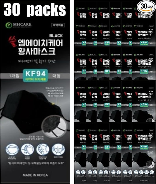 【30枚入り】韓国製 KF94マスク ブラック 使い捨て ユニセックス 4層フィルター 通気性 快適 調節可能なストラップ付き ノーズ・マウスカバー 防塵マスク
