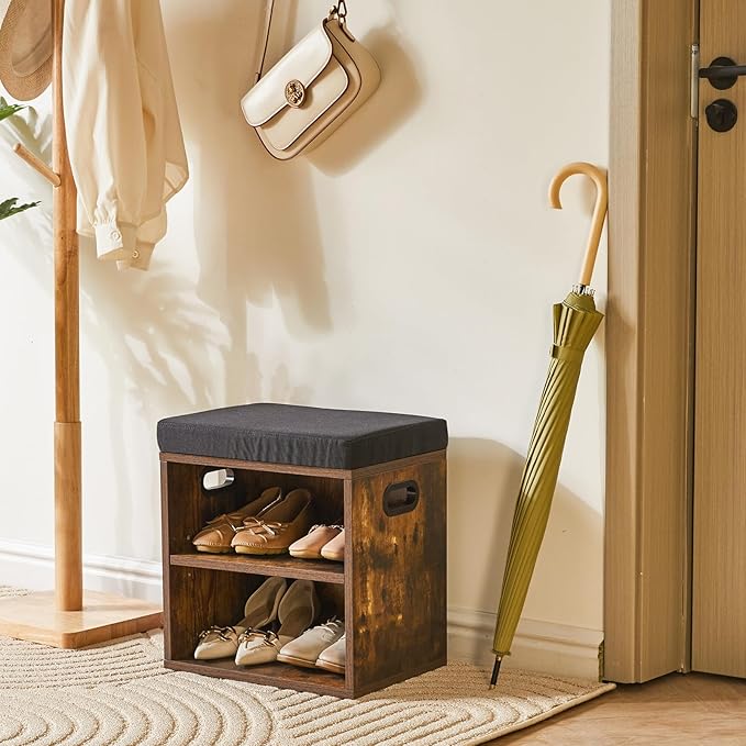 YMYNY Shoe Storage Bench with Cushion, 2 Tier Shoe Rack with Padded Seat, Adjustable Shoe Organizer Cabinet for Entryway, Living Room, Hallway, Closet, 15.4L*11W*16.54H, Rustic Brown, UHBD028H