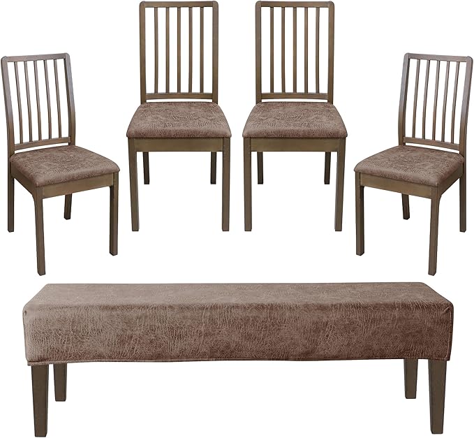 FORCHEER Dining Room Chair Seat Covers Set of 4 with 1 PC Bench Cover Set Faux Leather Fabric Anti-Dust Removable Seat Protector for Dining Room- 4 PCS Chair Cover+1 PC Bench Cover(Khaki)