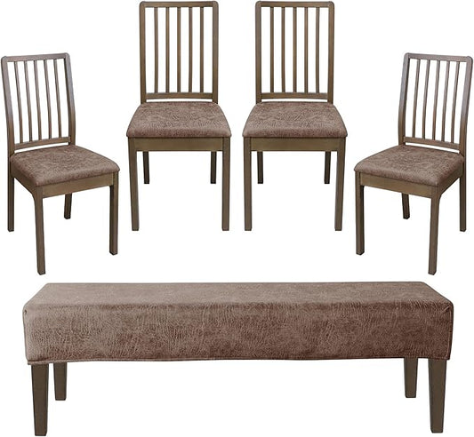 FORCHEER Dining Room Chair Seat Covers Set of 4 with 1 PC Bench Cover Set Faux Leather Fabric Anti-Dust Removable Seat Protector for Dining Room- 4 PCS Chair Cover+1 PC Bench Cover(Khaki)