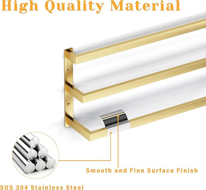 SEIDO 20 Inch 3-Tier Towel Rack, Heavy Duty Square Ladder Design Towel Bar Wall Mounted, Brushed Gold 304 Stainless Steel Rustproof Towel Holder for Bathroom, Kitchen, Laundry