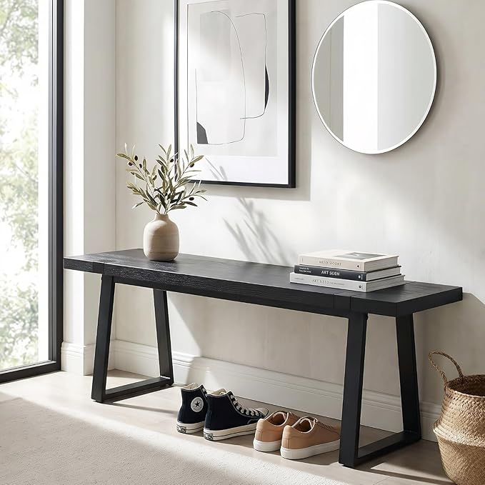 HNY 60" Entryway Bench Black Wood Dining Bench Bedroom Bench Modern Minimalist Long Slatted Bench for Living Room Hallway, Sturdy Solid Wood with Black Metal Leg Seating for 4-6 People