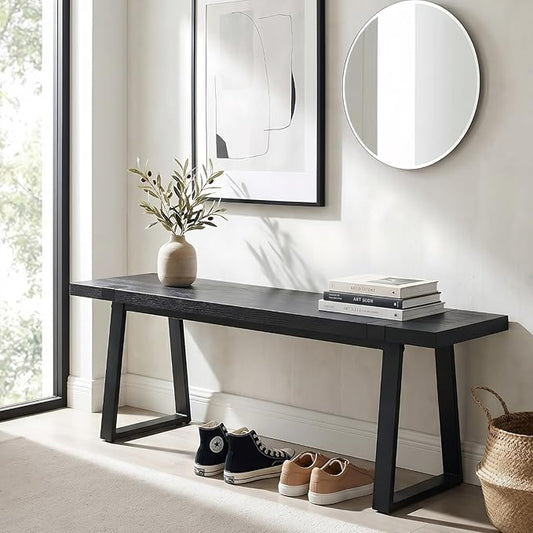 HNY 60" Entryway Bench Black Wood Dining Bench Bedroom Bench Modern Minimalist Long Slatted Bench for Living Room Hallway, Sturdy Solid Wood with Black Metal Leg Seating for 4-6 People