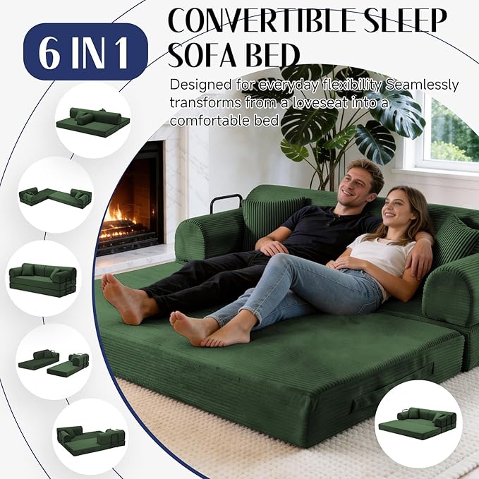 78.8" Convertible Sofa Bed with Detachable Arm Pillow, 6-in-1 Sectional Couches for Living Room, Corduroy Boneless Couch, Sleeper Loveseat Couch Bed, No Assembly, Green Couch