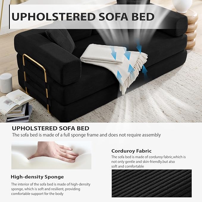 HANXIN 78 Inch Convertible Sleeper Sofa Bed, Folding Floor Mattress Couch with Fixed-Shape Frame, Futon Boneless Couch Lounge Loveseat with Pull Out Bed, No Assembly Required (Black)