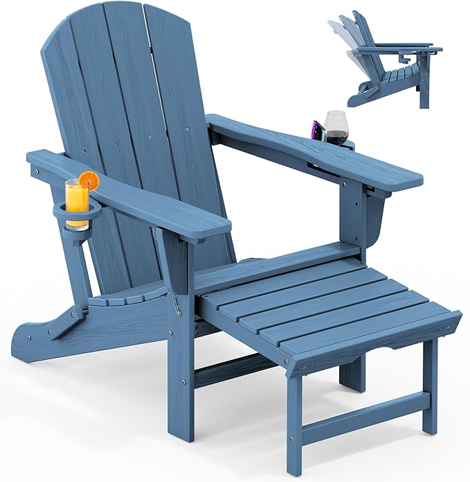 KINGYES Folding Adjustable Adirondack Chair with Retractable Ottoman, HDPE Recliner Adirondack Chair with Cup Holder, Blue