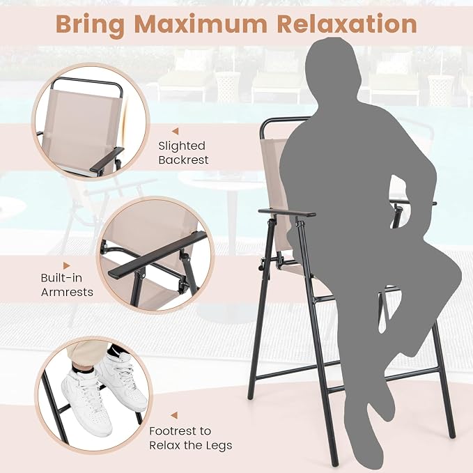 COSTWAY Outdoor Folding Bar Chairs Set of 4, 24 Inch Counter Height High Top Chairs with Metal Frame, Armrest & Footrest, Patio Barstools for Balcony, Poolside, Backyard, Beige
